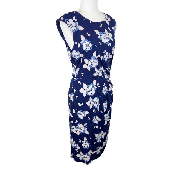 Eliza J Dress Women 10 Blue White Floral Allover Print Cap Sleeve Sheath Stretc - Picture 4 of 14